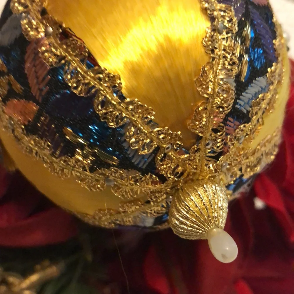 Gold Silk Ball Ornament Yellow Silk beaded ornament mid century Christmas
